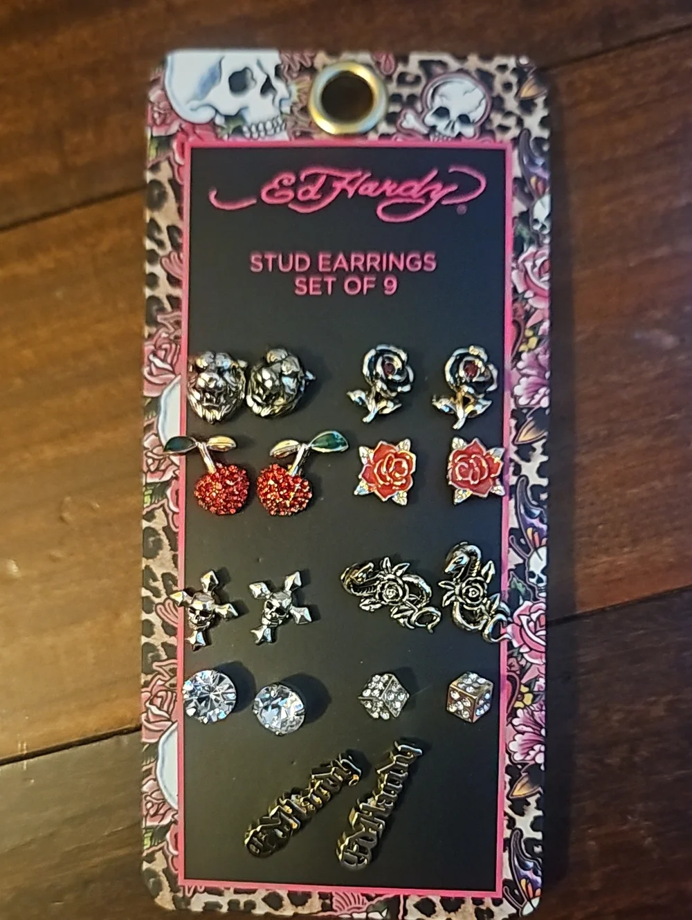 Ed Hardy Stud Earrings Set of 9 - Black & Pink Accents - Picture 2 of 7
